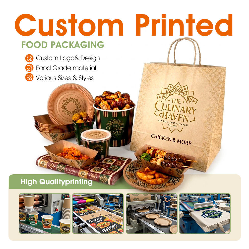 Custom Kraft Paper Packaging Set, Disposable Custom Printed Kraft Bowl & Bucket Combo for Restaurant Catering Wholesale