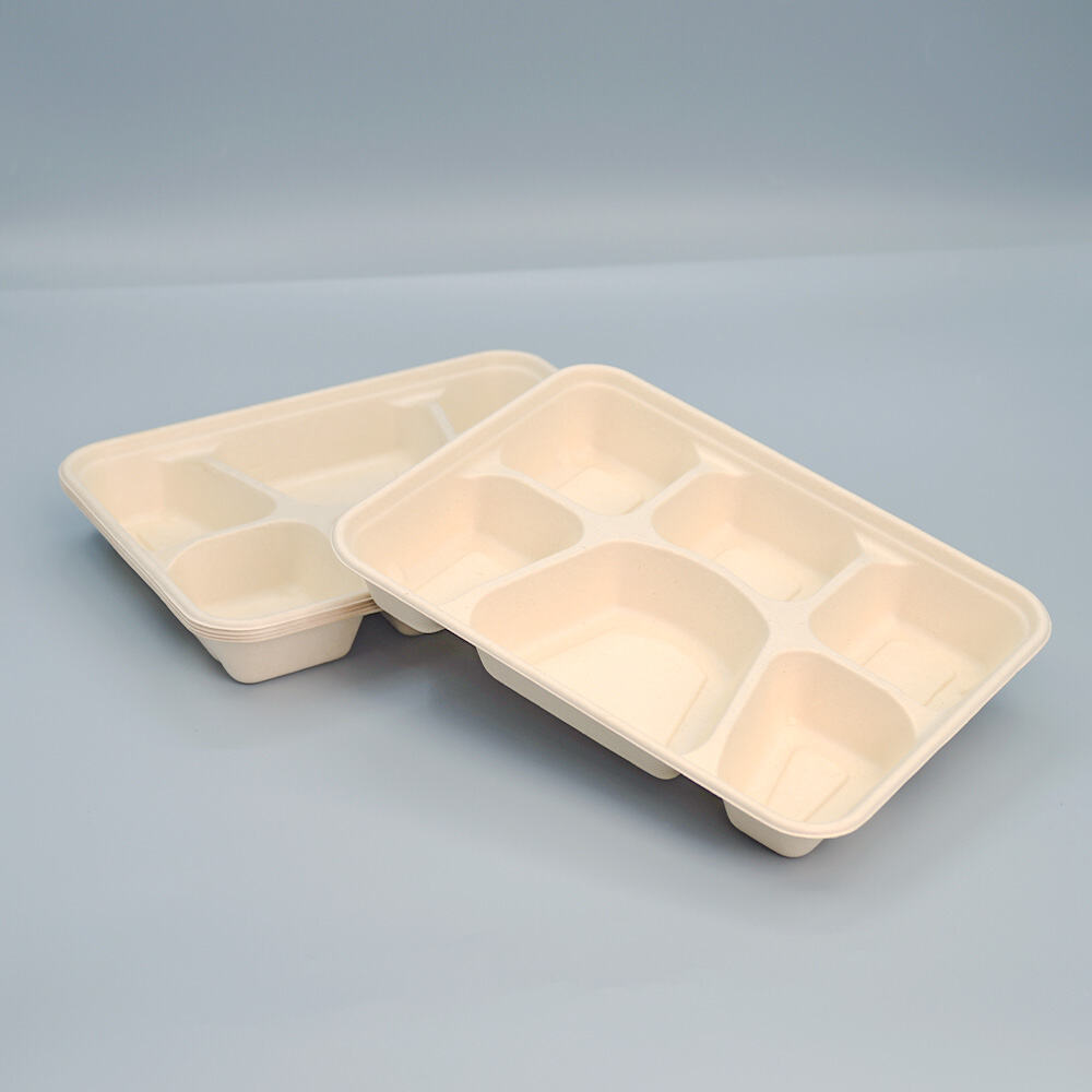 1400ml Food Container Plates Bagasse 6-Compartment Trays with Lid