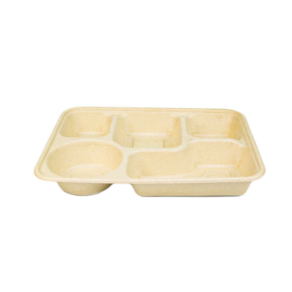 5 Compartment Biodegradable Bamboo Pulp Made Paper Fast Food Lunch Box with Lid