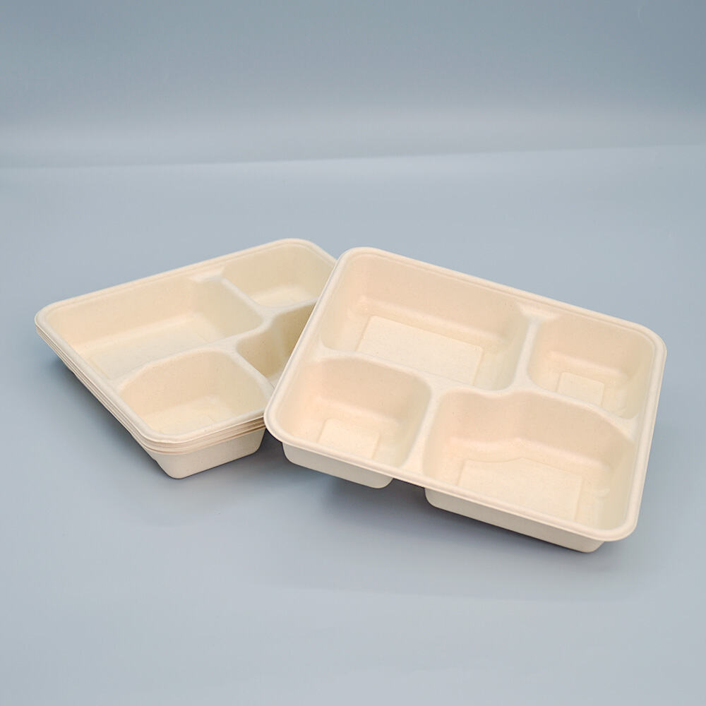 1200ml Bagasse Sugarcane  Food Container 4-Compartment Trays with Lid